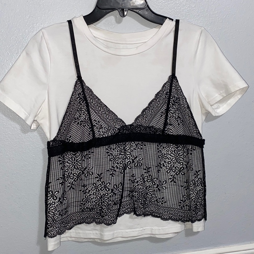 SHEIN Contrast Floral Lace Cami Overlay T-shirt Size:S